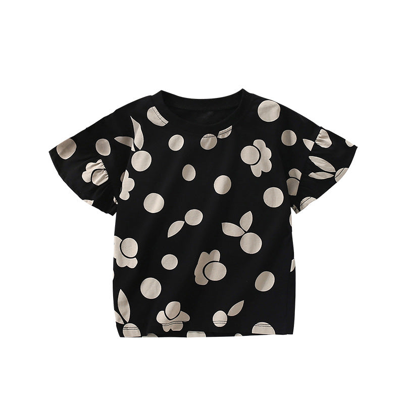 Summer Arrival Girls’ Flowers and Fruits Geometric Pattern Short Sleeves T-shirt in European and American Style, MyKids-USA®, T-Shirts, MyKids-USA - Size/Age - 120 (5-7Y) - Color - Black -  -  - TR2506251954-A