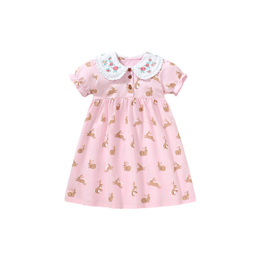 Baby Girls Peter Pan Floral Collar Short Sleeves Rabbits Pattern Dress, MyKids-USA®, Baby & Toddler Dresses, MyKids-USA - Size/Age - 90 (12-24M) - Color - Pink -  -  - TR2401032055-A