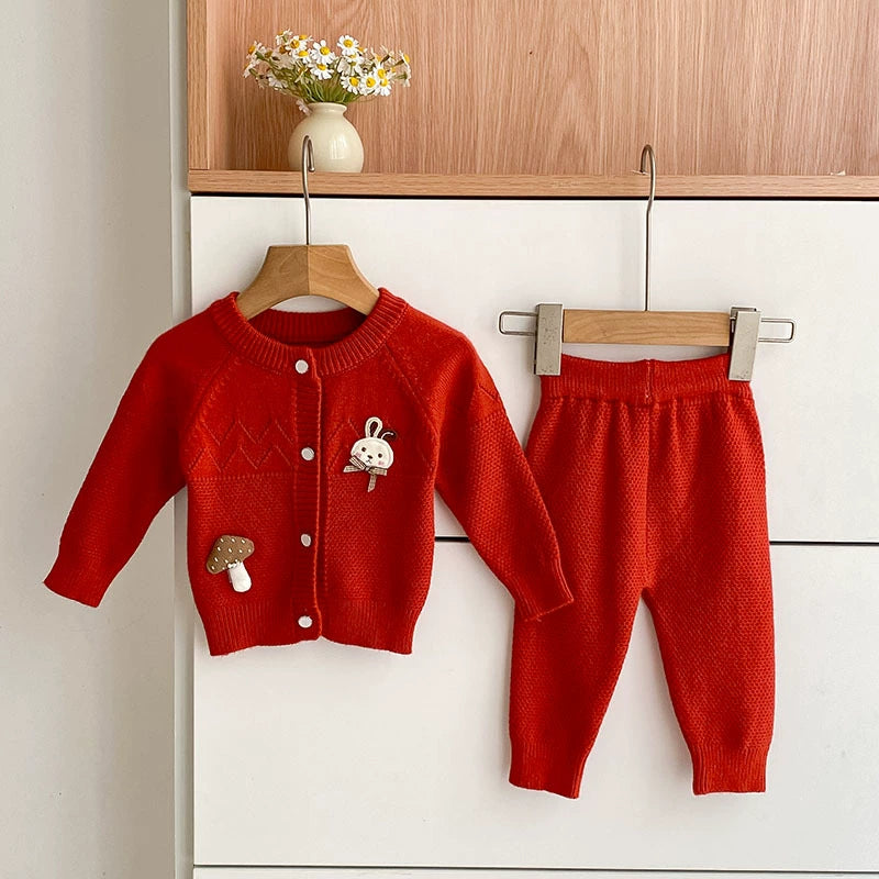 Arrival Autumn Baby Girls Long Sleeves Hollow-out and Cartoon Pattern Knitted Top Cardigan and Long Trousers Clothing Set, MyKids-USA®, Baby & Toddler Outfits, MyKids-USA - Size/Age - 66 (3-6M) - Color - Red -  -  - TR2507182202-B