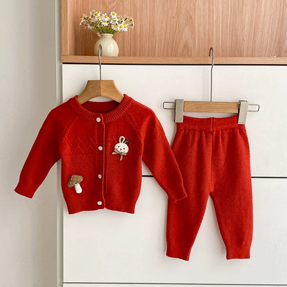Arrival Autumn Baby Girls Long Sleeves Hollow-out and Cartoon Pattern Knitted Top Cardigan and Long Trousers Clothing Set, MyKids-USA®, Baby & Toddler Outfits, MyKids-USA - Size/Age - 66 (3-6M) - Color - Red -  -  - TR2507182202-B