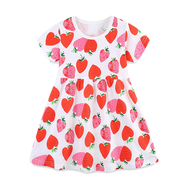 Summer Pure Cotton Fruits Strawberry Pattern Short Sleeves Dress for Stylish Girls, MyKids-USA®, Baby & Toddler Dresses, MyKids-USA - Size/Age - 90 (12-24M) - Color - Pink -  -  - TR2505102051-A