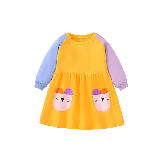 Color Contrast Design Cute Autumn Hoodie Dress, MyKids-USA®, Baby & Toddler Dresses, MyKids-USA - Size/Age - 90 (12-24M) - Color - Yellow -  -  - JM2308092220-A