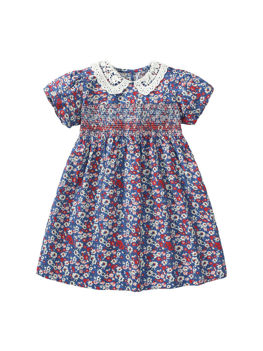 Summer Baby Kids Girls Short Sleeves Lace Collar Floral Dress