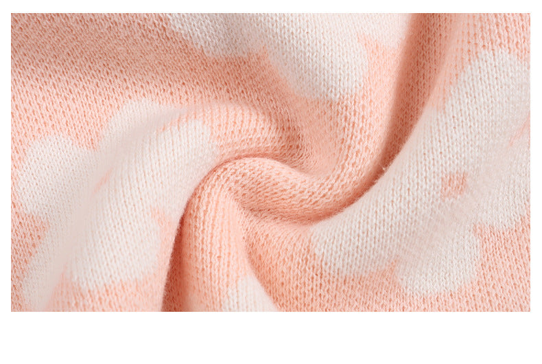 Autumn and Spring Hot Selling Flowers Pattern Long Sleeves Pink Knitted Pullover for Stylish Girls