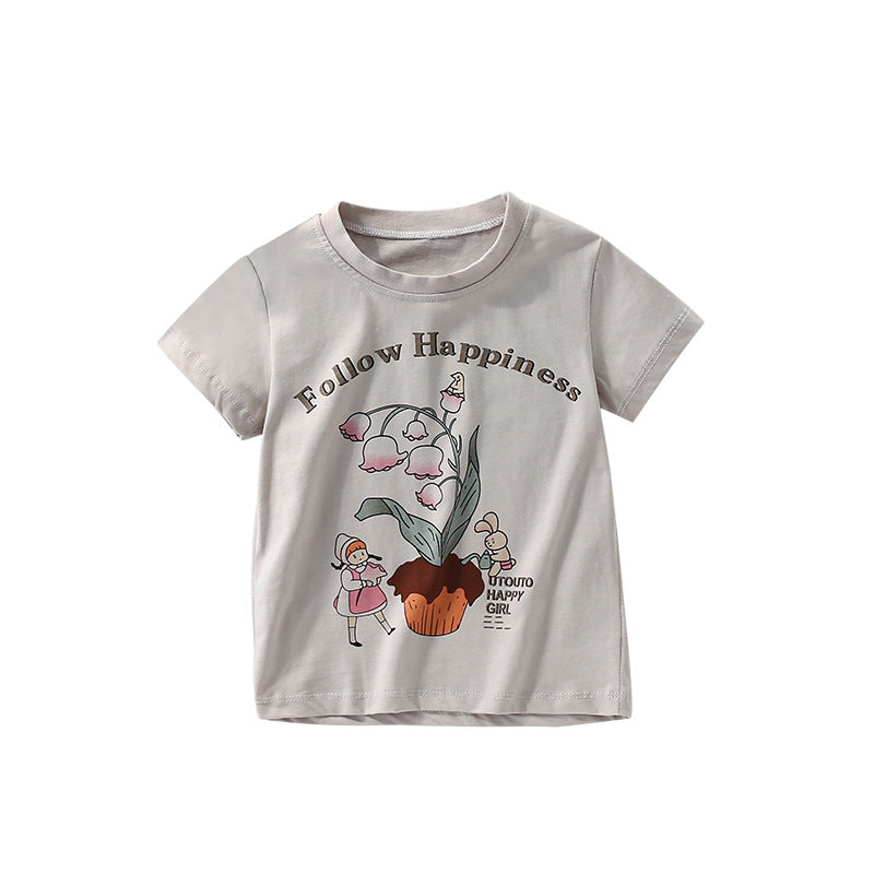 Summer Arrival Girls’ Flowers and Cartoon Pattern Short Sleeves T-shirt in European and American Style, MyKids-USA®, T-Shirts, MyKids-USA - Size/Age - 100 (2-3Y) - Color - Grey -  -  - TR2506231906-A