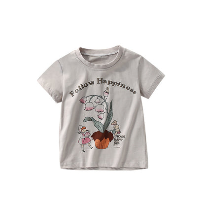 Summer Arrival Girls’ Flowers and Cartoon Pattern Short Sleeves T-shirt in European and American Style, MyKids-USA®, T-Shirts, MyKids-USA - Size/Age - 100 (2-3Y) - Color - Grey -  -  - TR2506231906-A