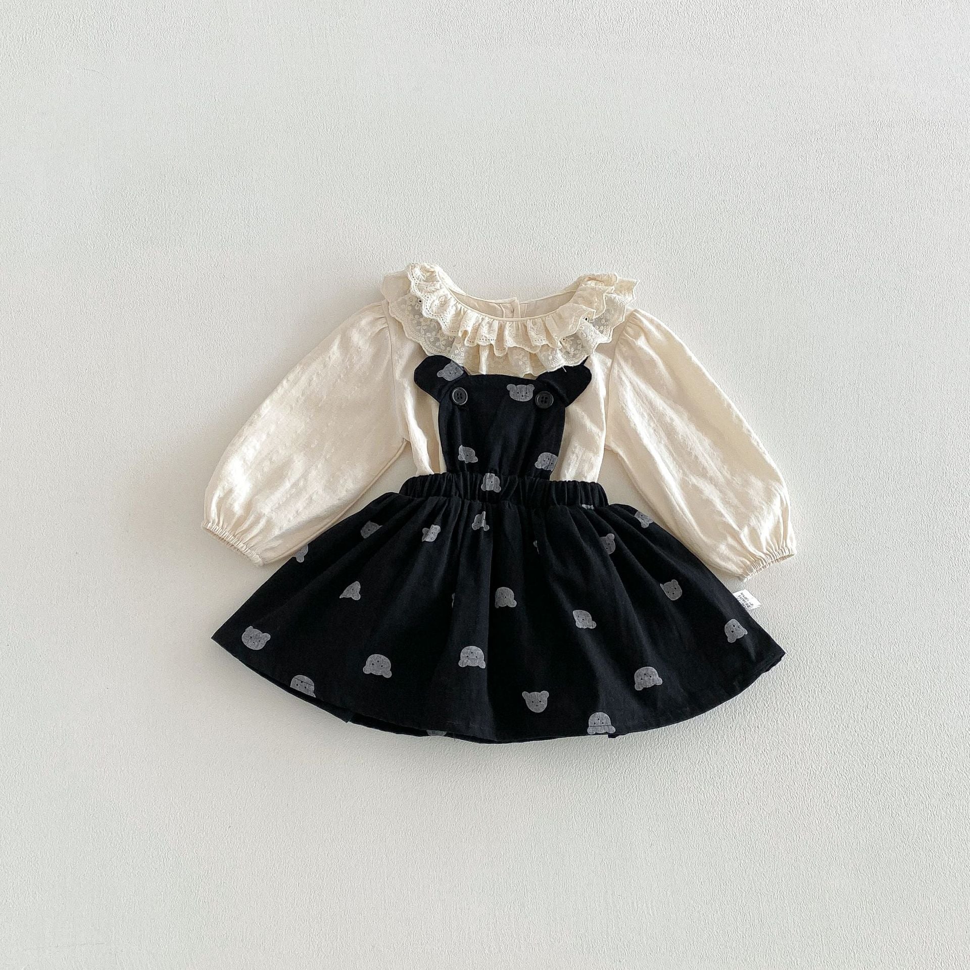 Spring Baby Kids Girls Long Sleeves Solid Color Top and Overalls Dress Clothing Set