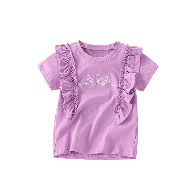 Summer Arrival Girls’ Flowers and Letters Embroidered Pattern Short Sleeves T-shirt in European and American Style, MyKids-USA®, Baby & Toddler Tops, MyKids-USA - Size/Age - 110 (3-5Y) - Color - Purple -  -  - TR2506191650-A