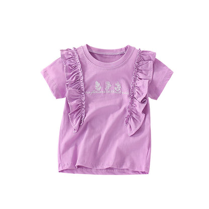 Summer Arrival Girls’ Flowers and Letters Embroidered Pattern Short Sleeves T-shirt in European and American Style, MyKids-USA®, Baby & Toddler Tops, MyKids-USA - Size/Age - 110 (3-5Y) - Color - Purple -  -  - TR2506191650-A