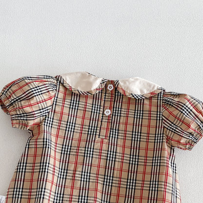 Design Summer Baby Kids Girls Short Sleeves Plaid Pattern Bodysuit