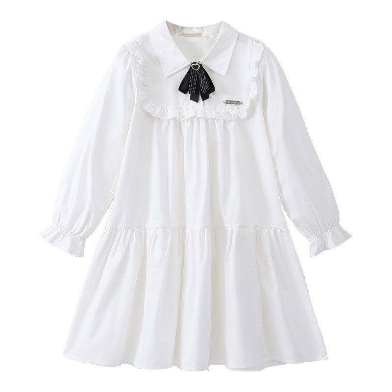 Autumn Arrival Long Sleeves Tie-Dyed White Preppy One-Piece Dress for Stylish Girls