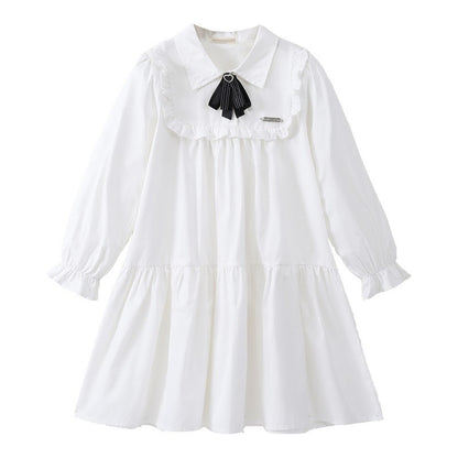 Autumn Arrival Long Sleeves Tie-Dyed White Preppy One-Piece Dress for Stylish Girls