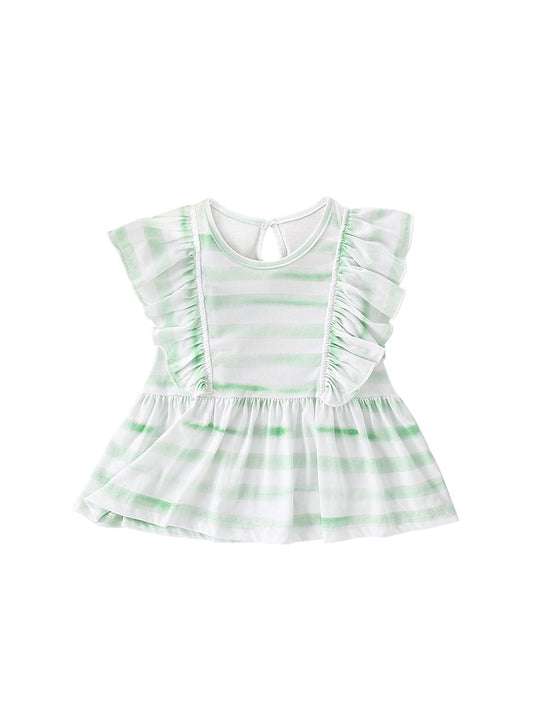 Summer New Arrival Baby Kids Girls Sleeveless Light Green Striped Crew Neck Dress
