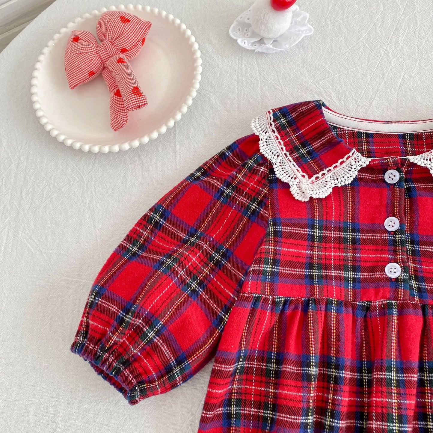 Autumn Baby Girls Plaid Pattern Long-sleeved Turn-down Collar Onesies and Dress – Princess Sister Matching Set