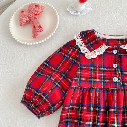 Autumn Baby Girls Plaid Pattern Long-sleeved Turn-down Collar Onesies and Dress – Princess Sister Matching Set