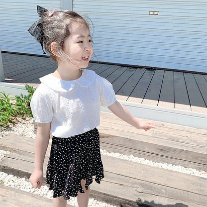 Summer New Arrival Girls Peter Pan Collar Short Sleeves Solid Color Floral Pattern Embroidery Top Shirt