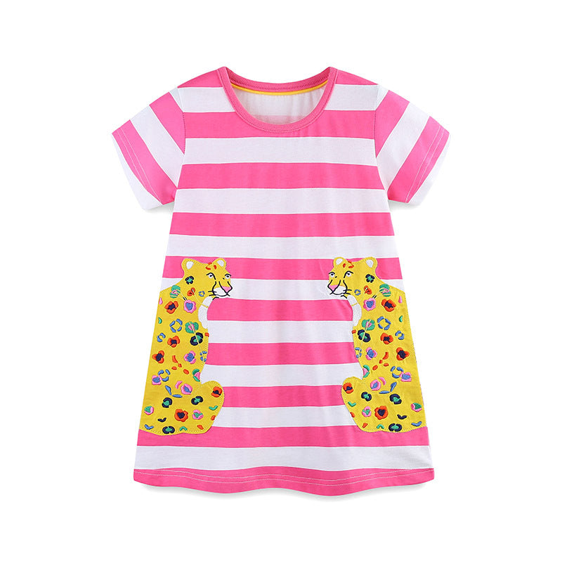 Summer Arrival Baby Girls Floral Leopards Pattern Short Sleeves Striped Dress, MyKids-USA®, Baby & Toddler Dresses, MyKids-USA - Size/Age - 90 (12-24M) - Color - Pink -  -  - TR2505122225-A
