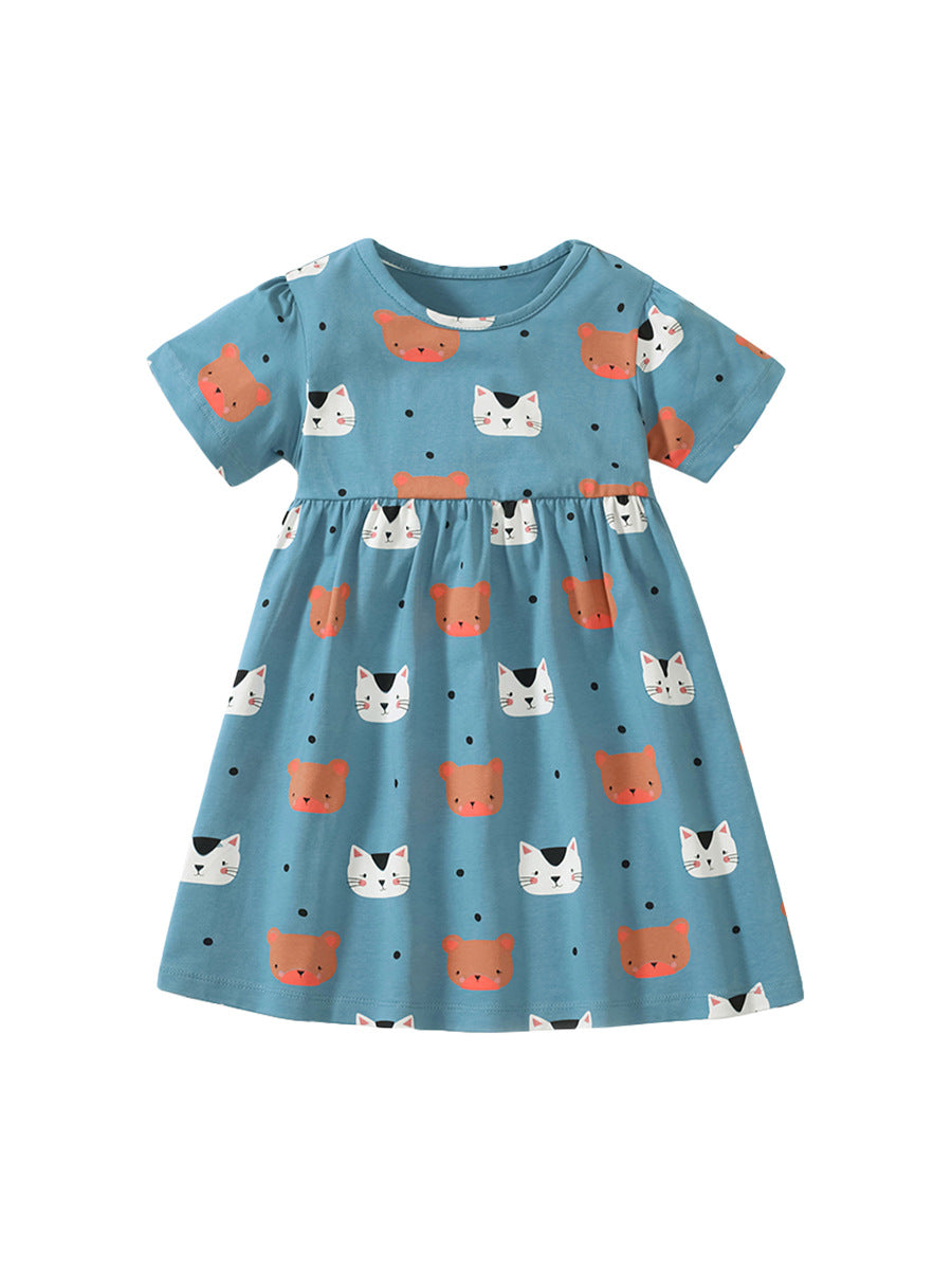New Arrival Summer Baby Kids Girls Short Sleeves Animals Print Dress With Black Dots