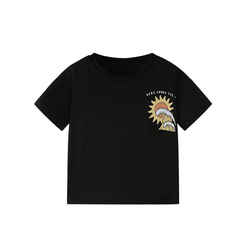 Summer Arrival Boys’ Letters and Sunset Cartoon Pattern T-shirt in European and American Style, MyKids-USA®, T-Shirts, MyKids-USA - Size/Age - 100 (2-3Y) - Color - Black -  -  - TR2506251959-A