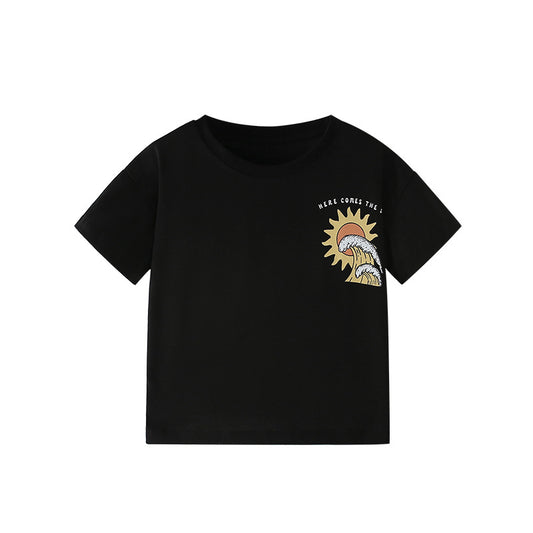 Summer Arrival Boys’ Letters and Sunset Cartoon Pattern T-shirt in European and American Style, MyKids-USA®, T-Shirts, MyKids-USA - Size/Age - 100 (2-3Y) - Color - Black -  -  - TR2506251959-A