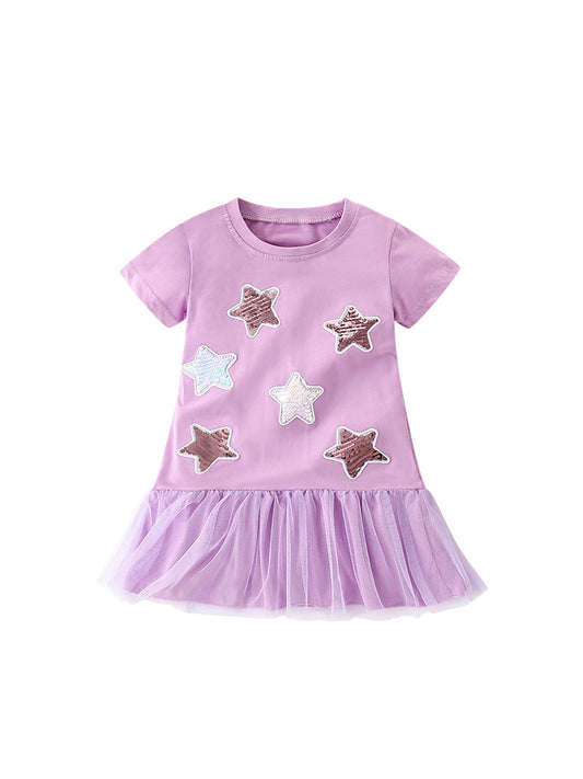 Summer New Arrival Girls’ Sequin Star Pattern Short Sleeves T-Shirt Patchwork Dress