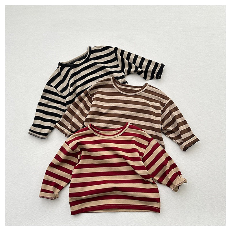 Spring Baby Kids Unisex Vintage Striped Crew Neck Long Sleeve Shirt