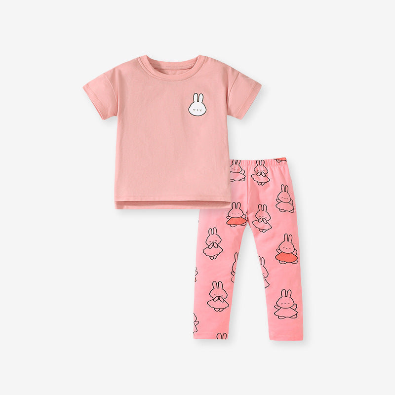 Girls Colorful Rabbits Cartoon Pink T-Shirt And Pants Set