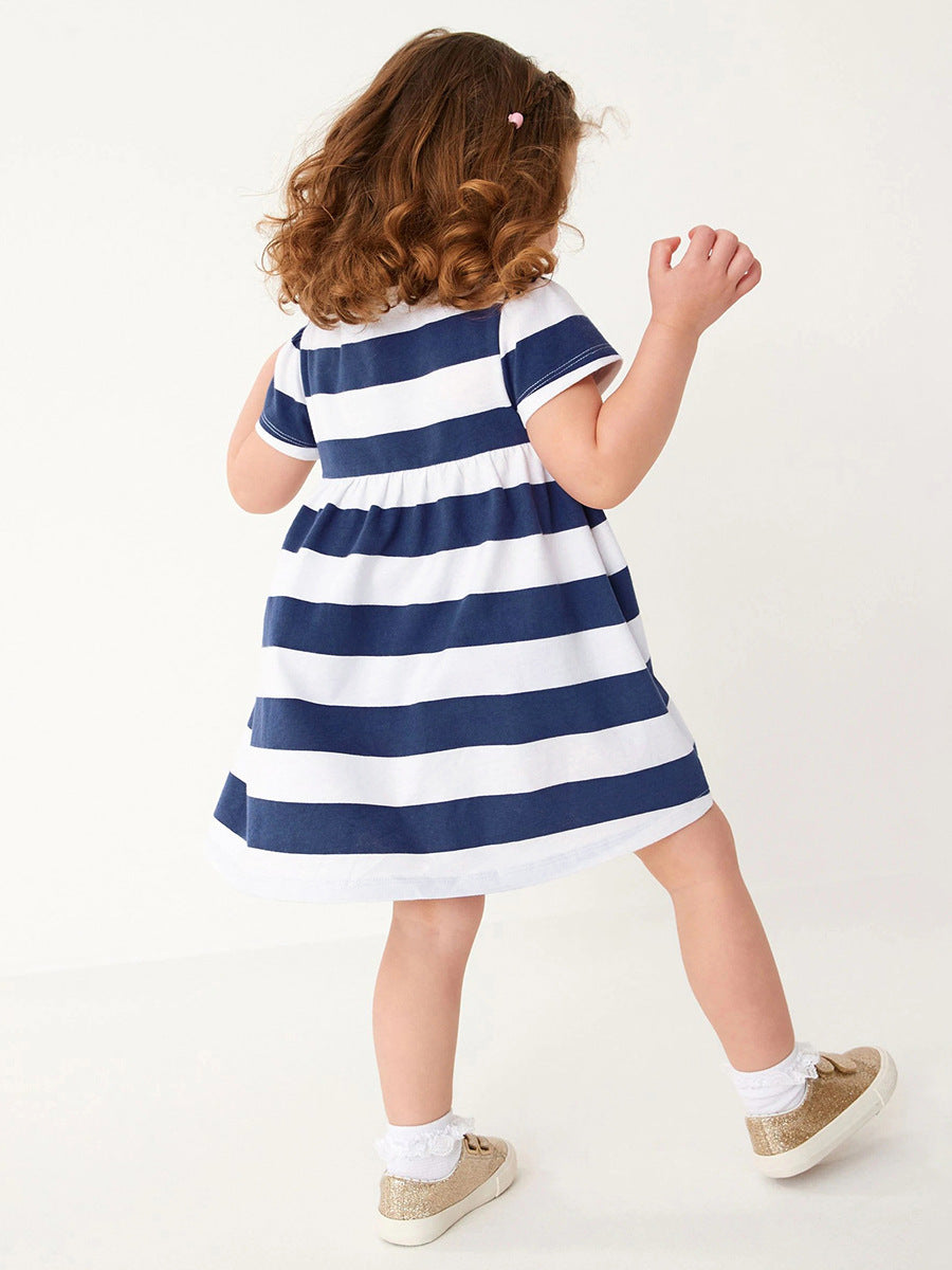 Spring And Summer Baby Girls Navy Blue Striped Floral Short Sleeves Dress, MyKids-USA®, Baby & Toddler Dresses, MyKids-USA -  -  -  -  -  -  - 