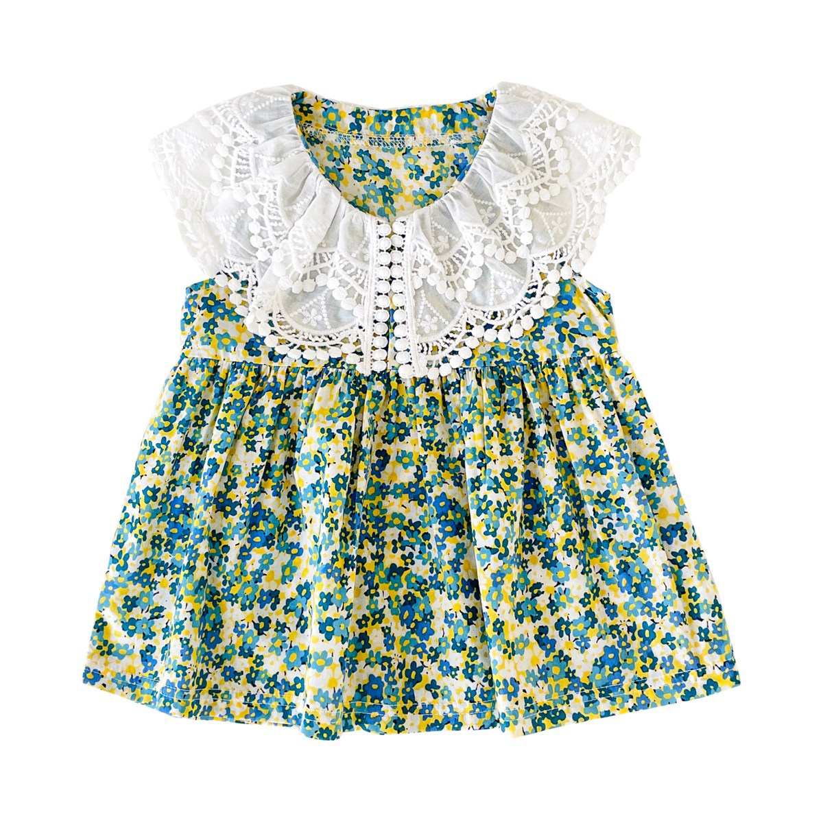 Design Summer Girls Sleeveless Floral Print Lace Collar Dress - 73 (6-9M) / Green Design Summer Girls Sleeveless Floral Print Lace Collar Dress - 73 (6-9M) / Green