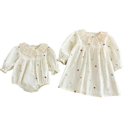 Spring Baby Girls Floral and Fruits Embroidery Pattern Long-sleeved Onesies and Dress – Princess Sister Matching Set, MyKids-USA®, Baby & Toddler Outfits, MyKids-USA -  -  -  -  -  -  - 