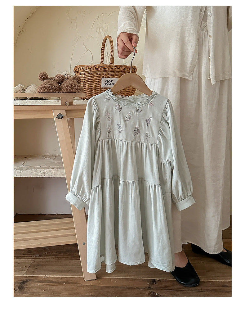 Design Autumn Girls Flowers Embroidery Pattern Long Sleeves French Style Lace Trim Ruffle Neck Dress, MyKids-USA®, Baby & Toddler Dresses, MyKids-USA - Size/Age - 90 (12-24M) - Color - Blue -  -  - TR2409131027-A