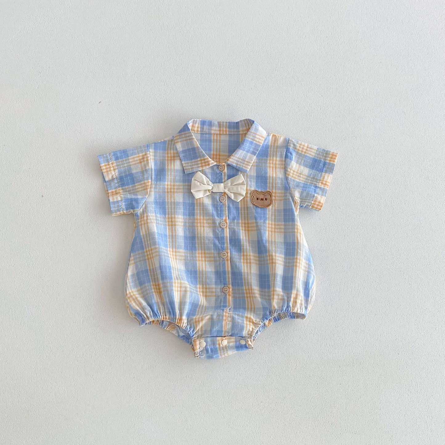 Summer Boys And Girls Yellow-Blue Plaid Teddy Pattern Onesies – Brother And Sister Matching Set
