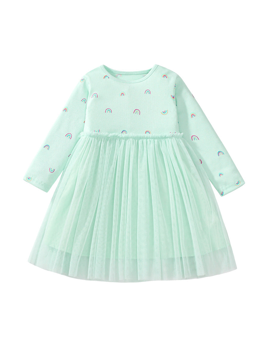 Arrival Autumn Girls Rainbows Print Crew Neck Long Sleeves Tulle Patchwork Princess Dress, MyKids-USA®, Baby & Toddler Dresses, MyKids-USA - Size/Age - 90 (12-24M) - Color - Green -  -  - TR2407141121-A