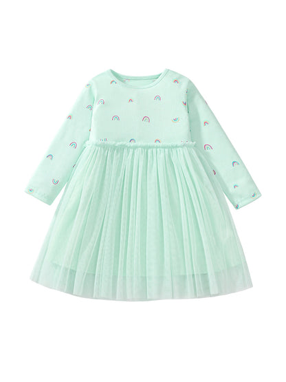 Arrival Autumn Girls Rainbows Print Crew Neck Long Sleeves Tulle Patchwork Princess Dress, MyKids-USA®, Baby & Toddler Dresses, MyKids-USA - Size/Age - 90 (12-24M) - Color - Green -  -  - TR2407141121-A
