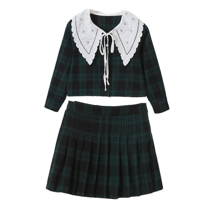 Arrival Autumn Kids Girls Long Sleeves Color Patchwork Plaid Top and Skirt Sets