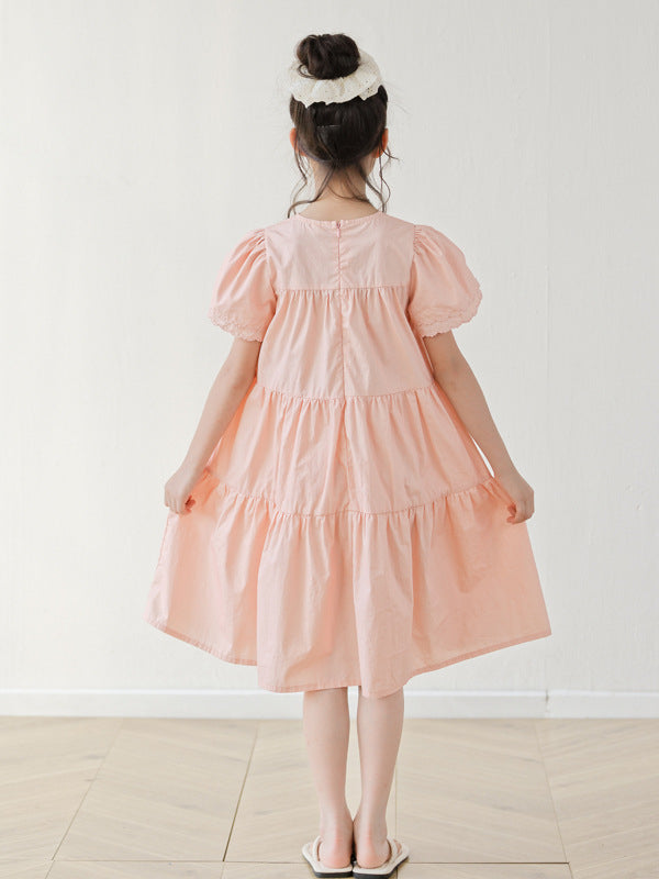 Summer Arrival Short Sleeves Pink Solid Color Dress for Stylish Girls