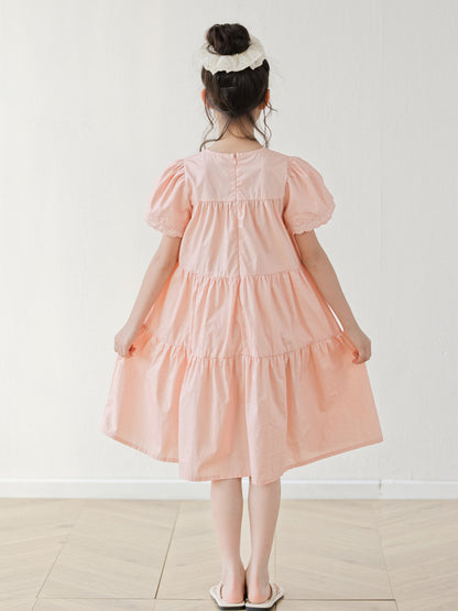 Summer Arrival Short Sleeves Pink Solid Color Dress for Stylish Girls