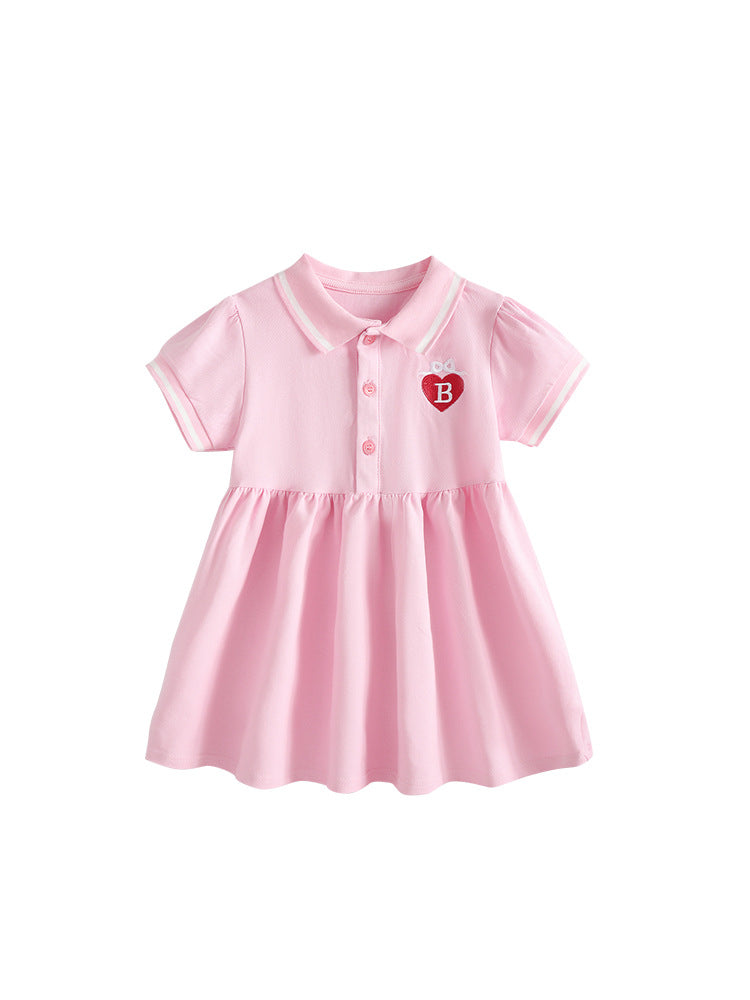 Summer Baby Kids Girls Short Sleeves Heart Pattern Polo Dress