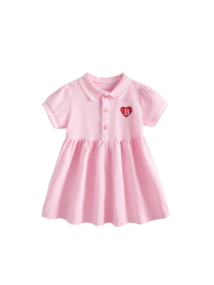 Summer Baby Kids Girls Short Sleeves Heart Pattern Polo Dress