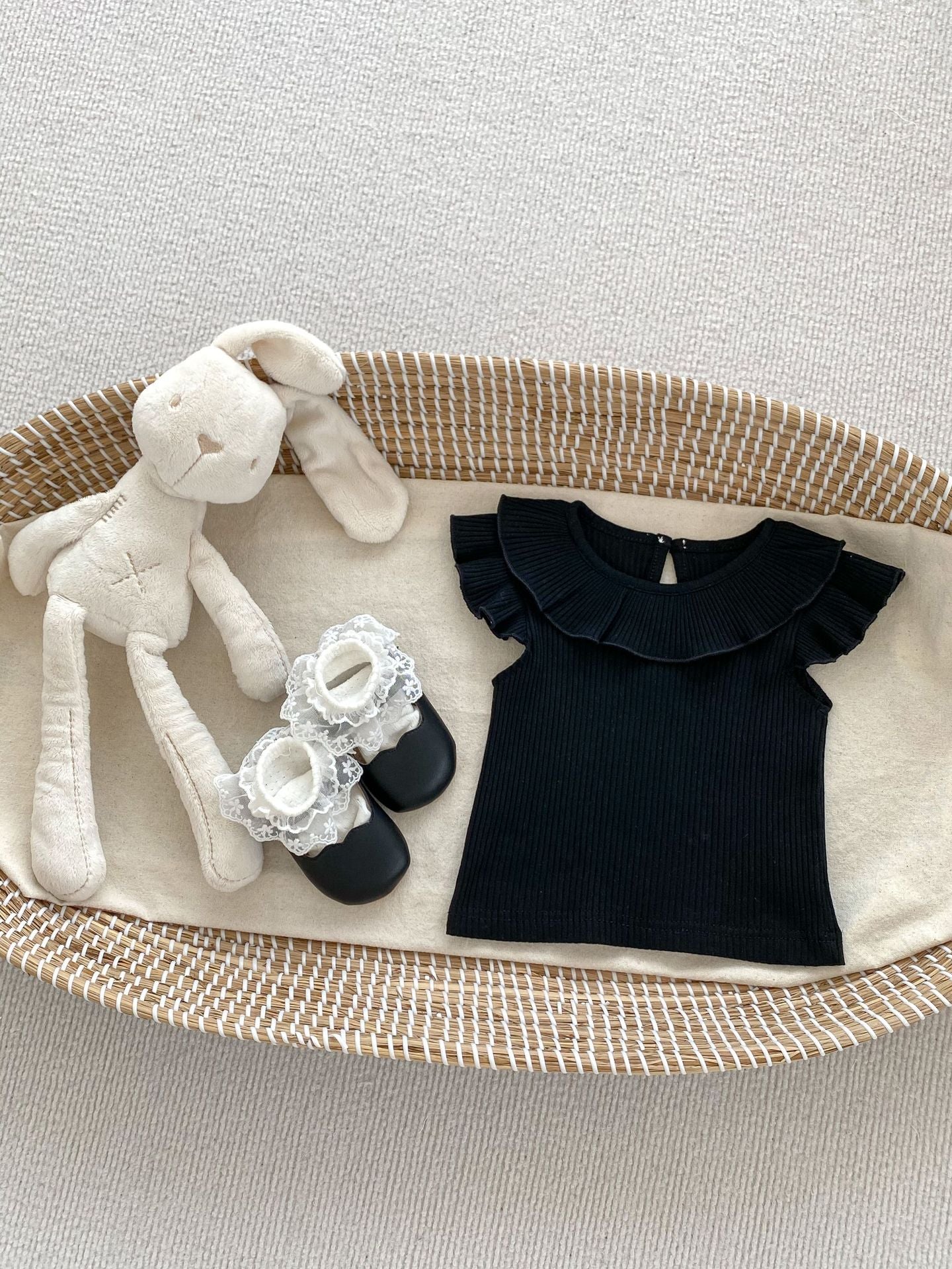 Summer Collection: Girls’ Fly Sleeves Ruffle Collar Solid Color Top, MyKids-USA®, Baby & Toddler Tops, MyKids-USA - Size/Age - 66 (3-6M) - Color - Black -  -  - TR2403292110-A