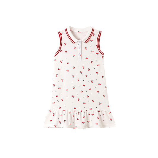 Summer Arrival Cherry Pattern Sleeveless Polo Dress for Stylish Girls, MyKids-USA®, Baby & Toddler Dresses, MyKids-USA - Size/Age - 100 (2-3Y) - Color - White -  -  - TR2601231034-A.
