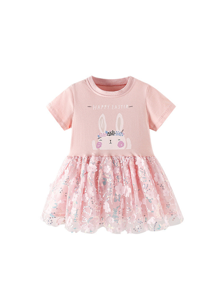 Summer Baby Kids Girls Short Sleeves Cartoon and Flowers Pattern Dress