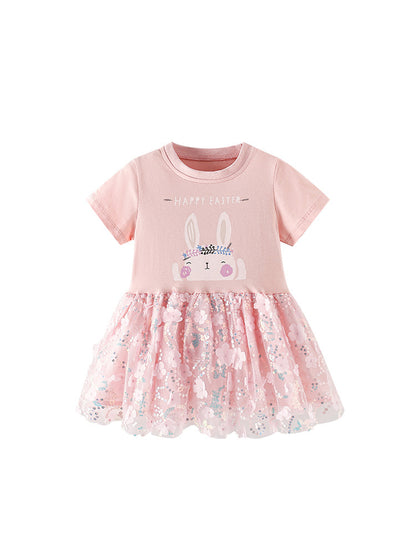 Summer Baby Kids Girls Short Sleeves Cartoon and Flowers Pattern Dress