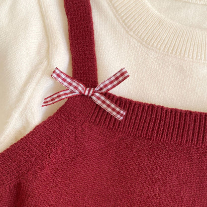 Winter and Spring Baby Kids Girls Long Sleeves Color Patchwork Pullover and Cartoon Pattern Pants Knitted Clothing Set