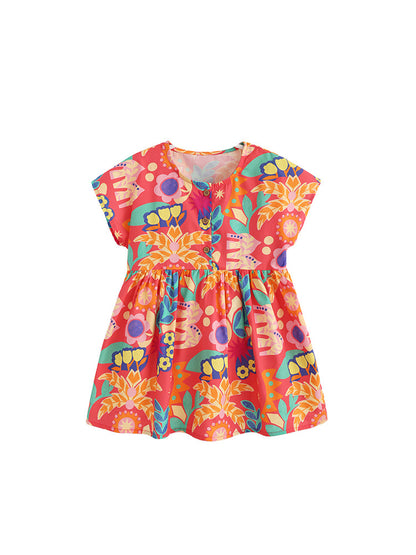 Summer Baby Kids Girls Short Sleeves Tropical Flowers Pattern Dress
