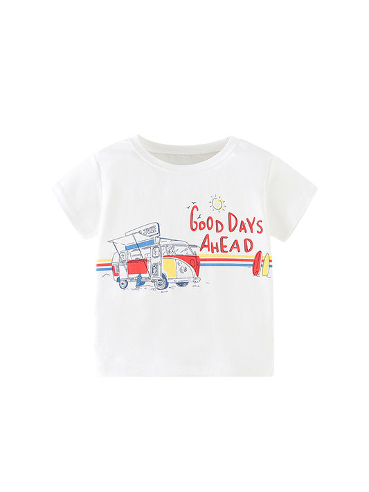 Boys’ Cartoon And Letters Print White T-Shirt In European And American Style
