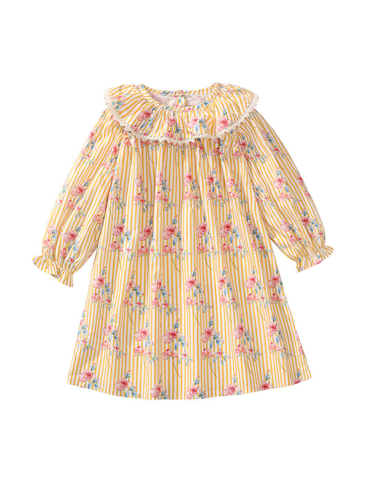 Design Autumn Girls Flowers Pattern Big Collar Long Sleeves Striped Dress, MyKids-USA®, Baby & Toddler Dresses, MyKids-USA - Size/Age - 90 (12-24M) - Color - Yellow -  -  - TR2407082313-A