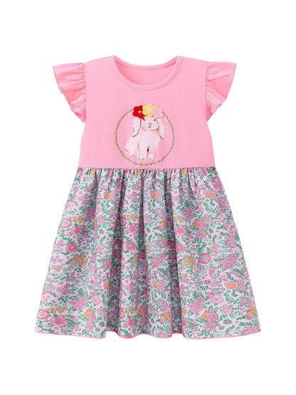 Summer Arrival Animals Cartoon and Flowers Pattern Fly Sleeves Dress for Stylish Girls