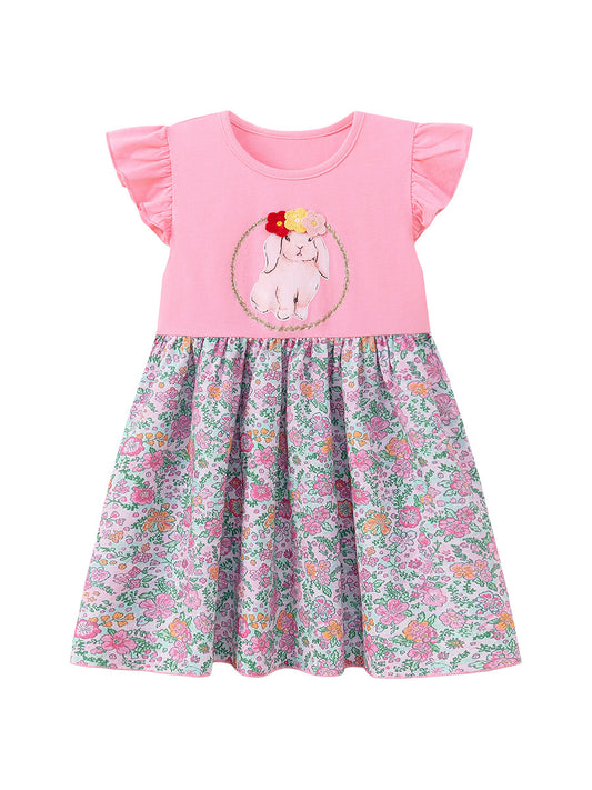 Summer Arrival Animals Cartoon and Flowers Pattern Fly Sleeves Dress for Stylish Girls