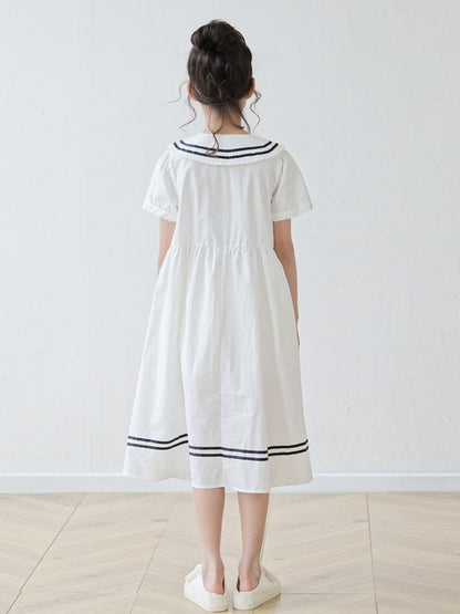 Summer Arrival Short Sleeves Navy Collar Preppy Dress for Stylish Girls